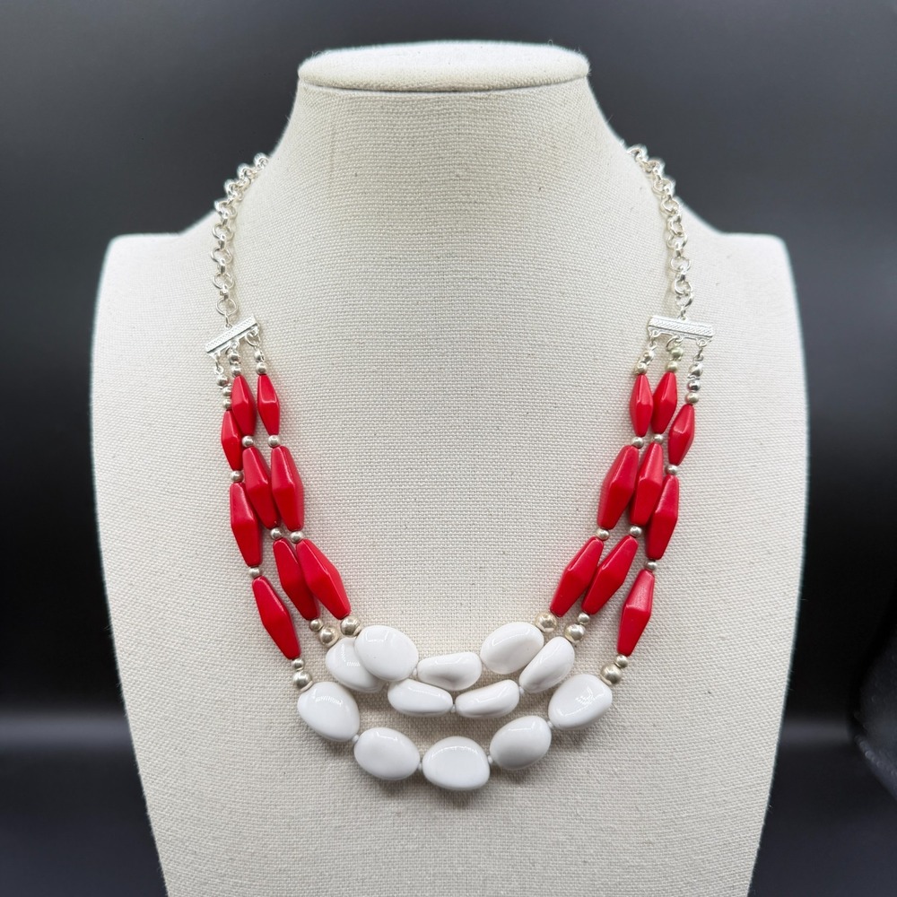 Red White Beaded Statement Necklace Silver Tone Triple Strand Chunky Boho Gift